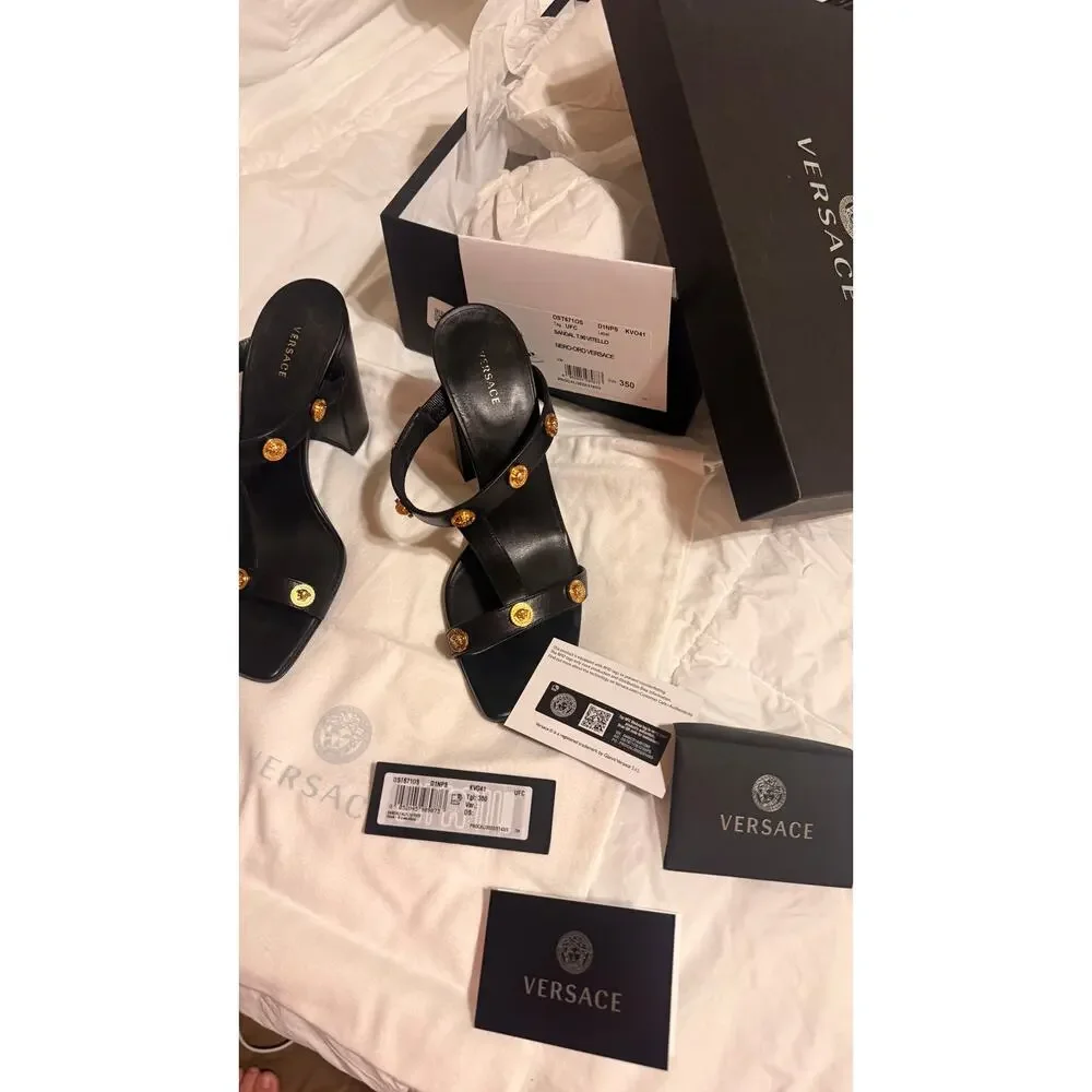 Authentic Versace Medusa Leather Heels Black Gold Block Heel Sandals Size 35